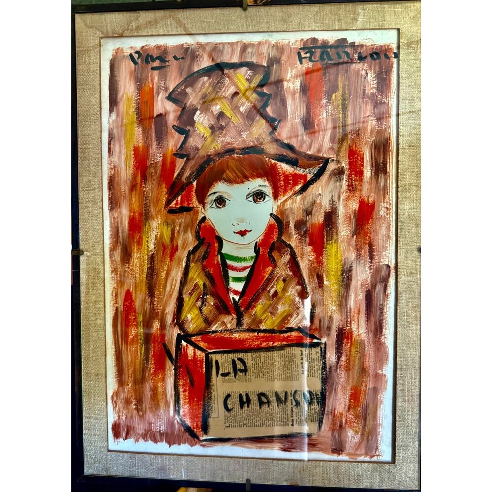Francois Paris Original Mixed Media Newspaper Painting Big Eye Boy - La Chanson